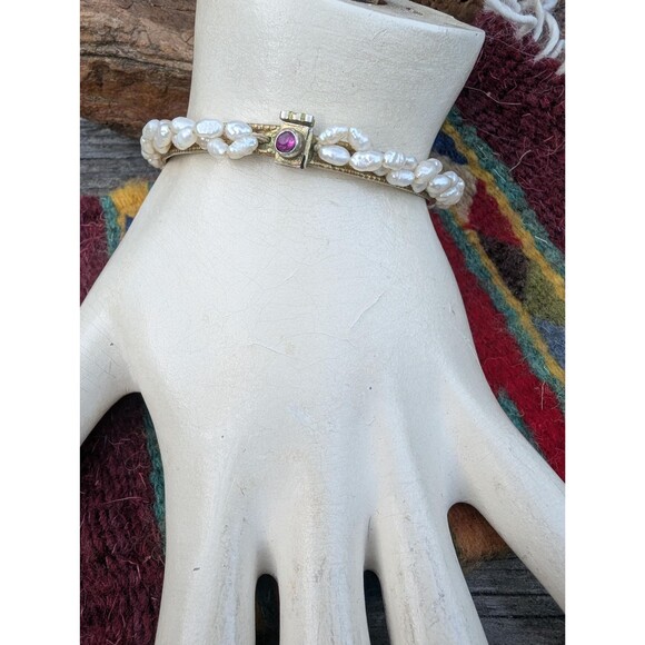 Vintage Gold Vermeil Pearl and Ruby Bangle Bracelet, Sterling Dowry Bracelet - Picture 7 of 10